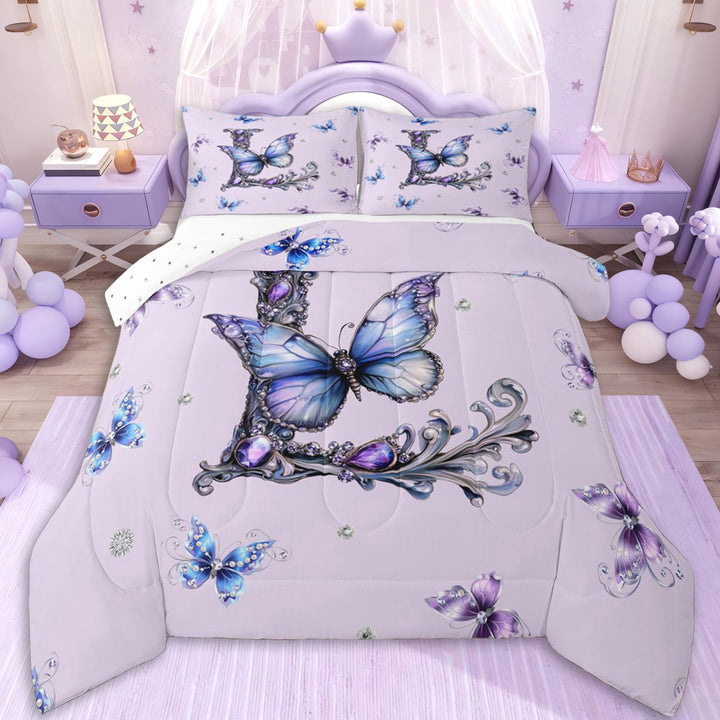 Erosebridal Personalized Initial L Full Size Comforter Sets 3 Pieces For Girls,Purple Blue Butterflies Bedding Sets For Kids Teens,Lightweight Room Decor