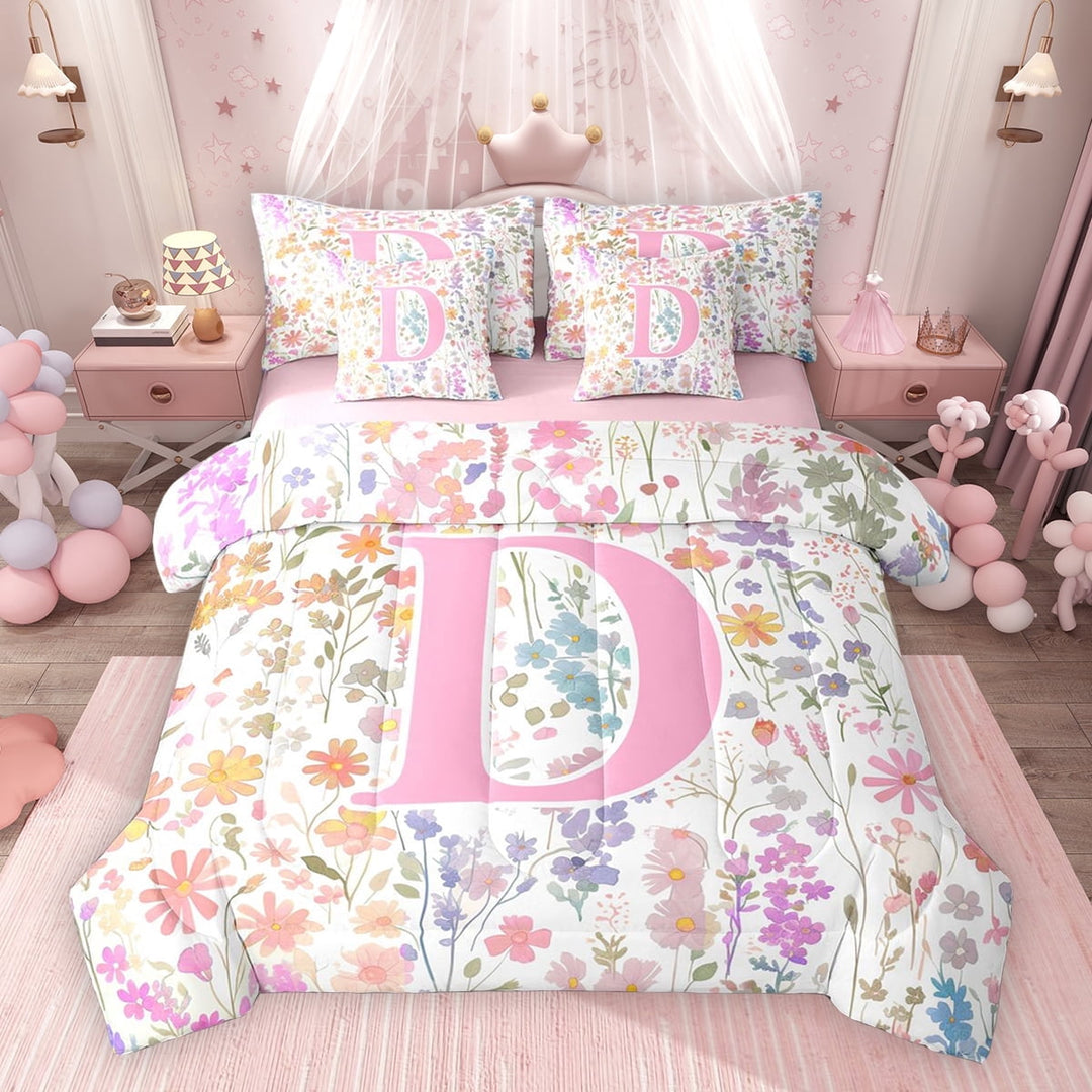 Erosebridal Erosebridal Girls Pink Floral Twin Bedding Sets, Garden Flower Bedding Comforter Set, D Letter, Pink Reversible, 7-Piece
