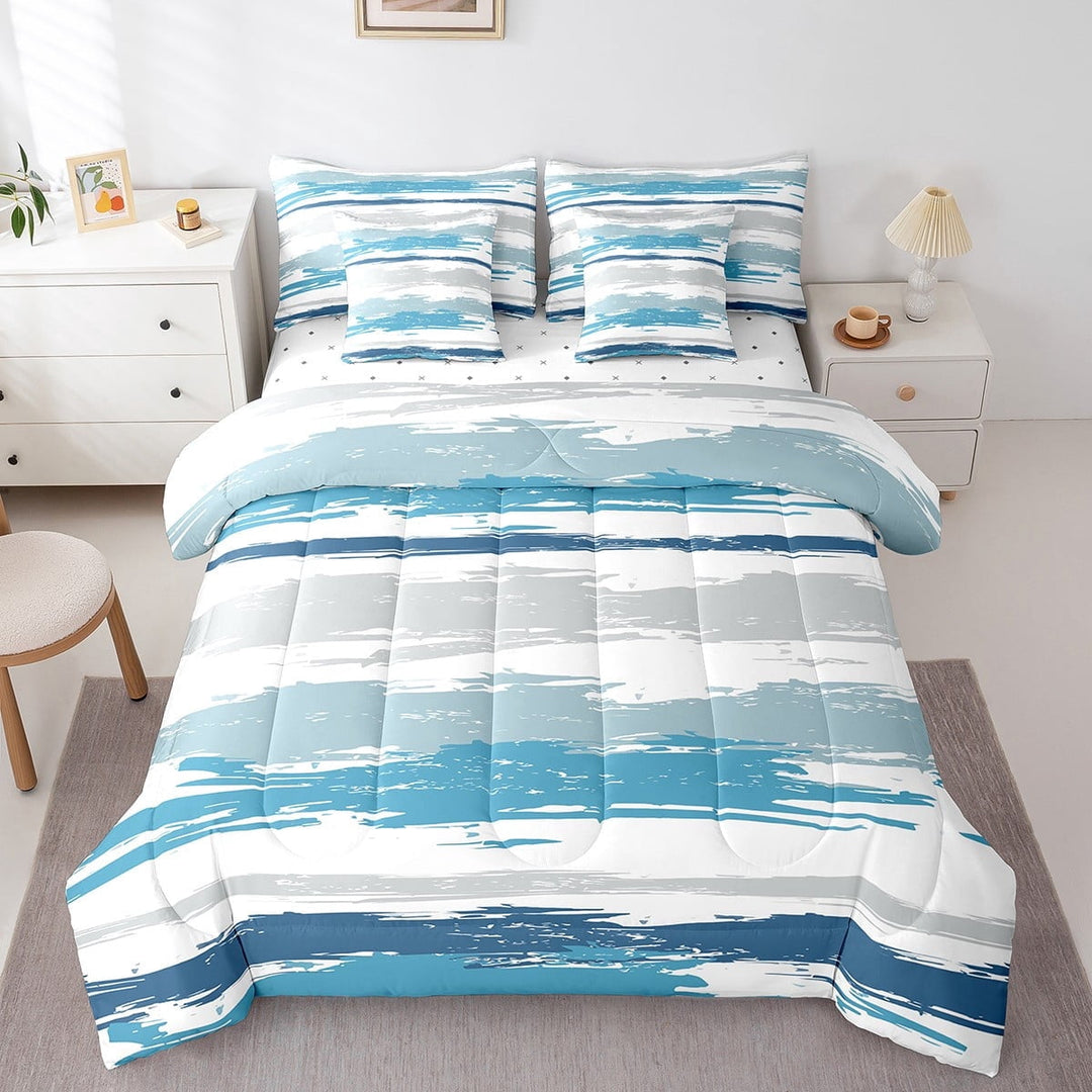 Erosebridal Abstract Art Bedding Sets Queen Size,Modern Minimalism Comforter Sets with Sheets,Blue Gray White Bed in a Bag Queen Size,Super Cozy Bedroom Decor Reversible,7-Piece