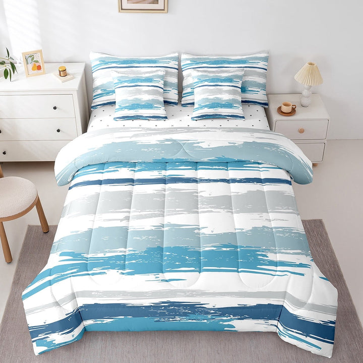 Erosebridal Abstract Art Bedding Sets Queen Size,Modern Minimalism Comforter Sets with Sheets,Blue Gray White Bed in a Bag Queen Size,Super Cozy Bedroom Decor Reversible,7-Piece