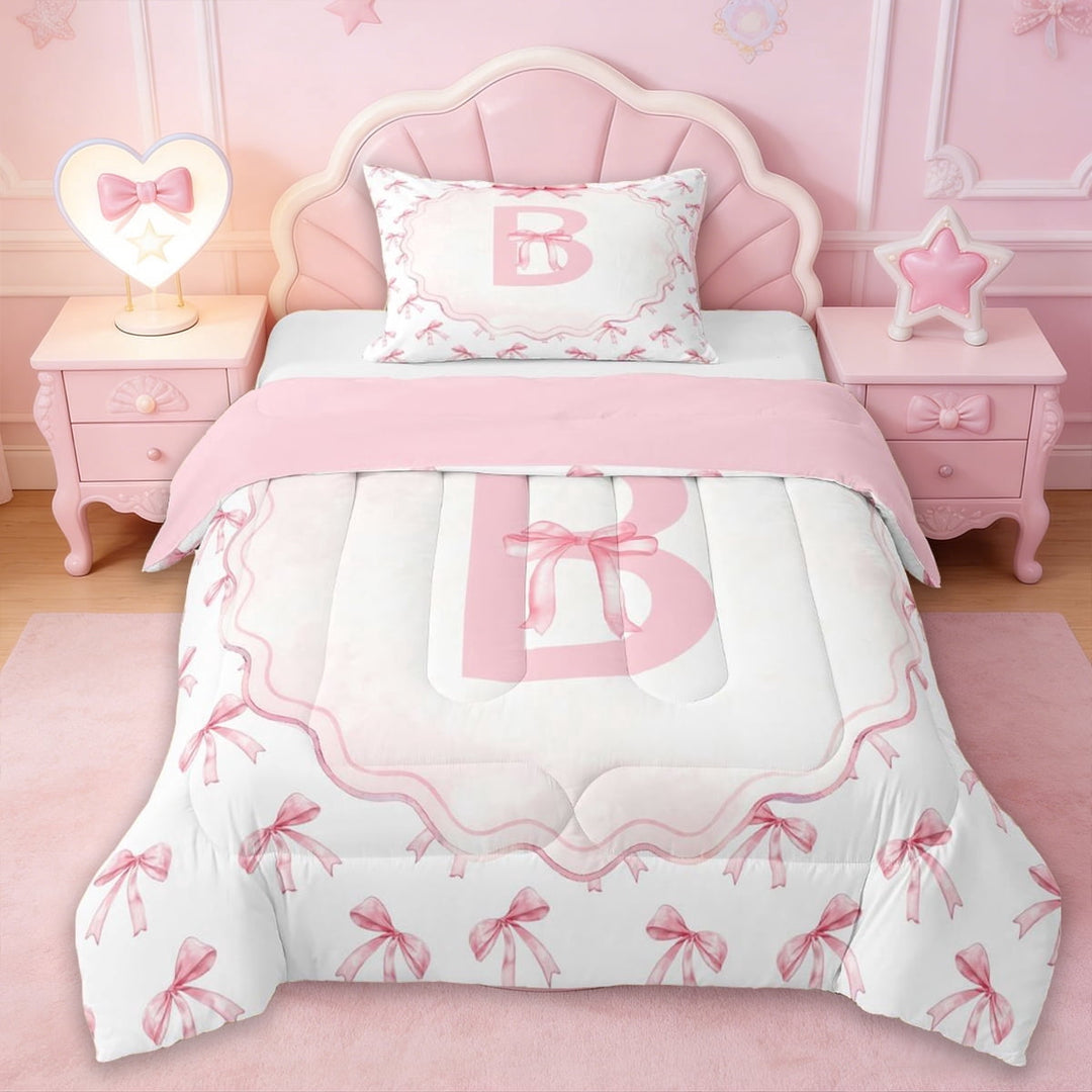 Erosebridal Pink Initial Letter B Twin Comforter Sets,Cute Bowknot Dreamy Princess Style Bedding Set For Girls Kids,Reversible pink,2pcs