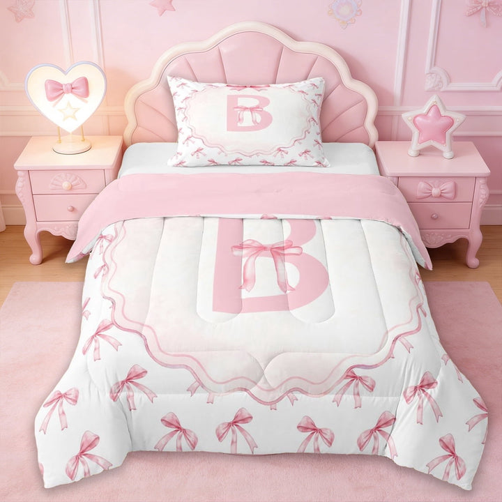 Erosebridal Pink Initial Letter B Twin Comforter Sets,Cute Bowknot Dreamy Princess Style Bedding Set For Girls Kids,Reversible pink,2pcs