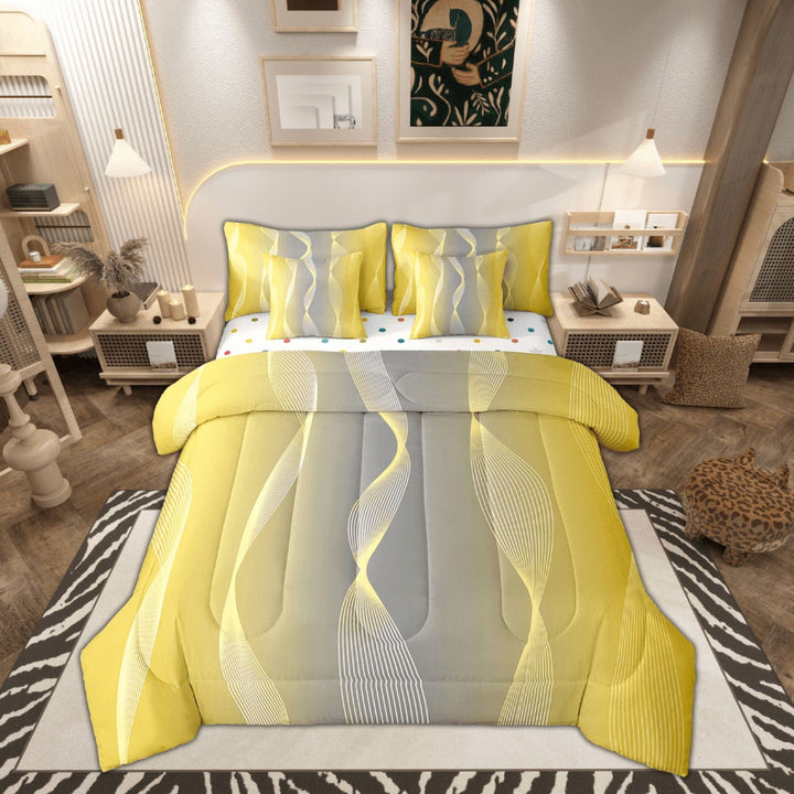 Gradient Yellow and Grey Bed in a Bag King Size Comforter Set 7 Pieces,Silver Foil Print Wave Striped Bedding Sets Abstract Ombre Art Sheet Set with Comforter