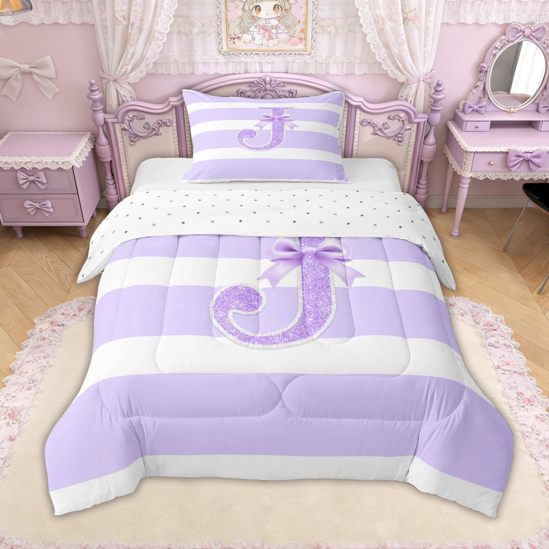 Erosebridal Glitter Print Bow Letter J Twin Comforter Sets for Girls, Purple Stripes Ribbon Bedding Set, Reversible, 2-Piece