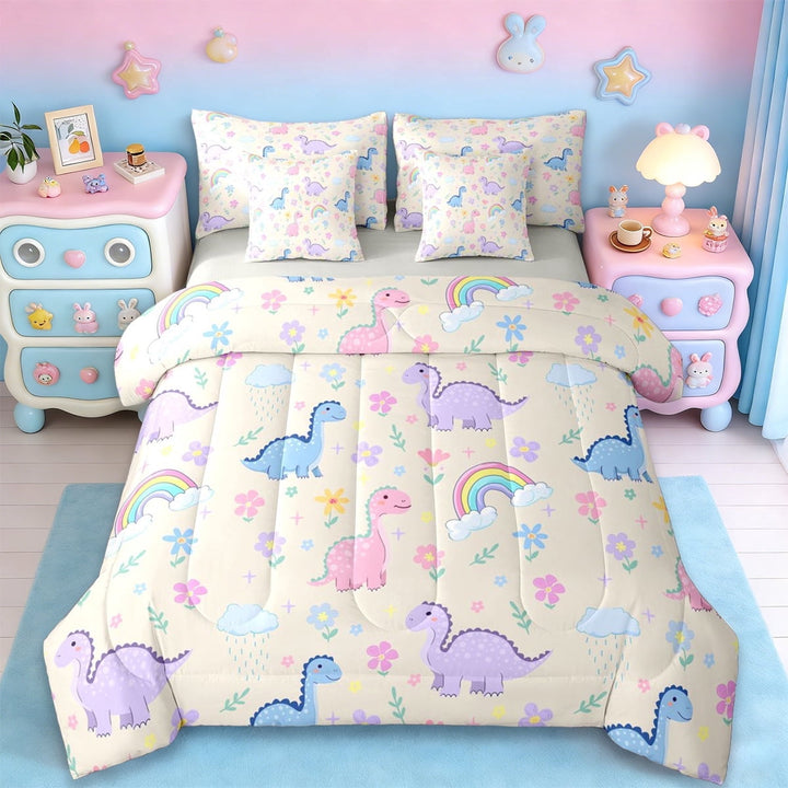 Erosebridal 3D Multicolor Dinosaur 7-Piece Twin Bedding Sets,Colorful Cute Flowers Bedding Comforter Set For Girls,Ancient Animals Theme,Reversible