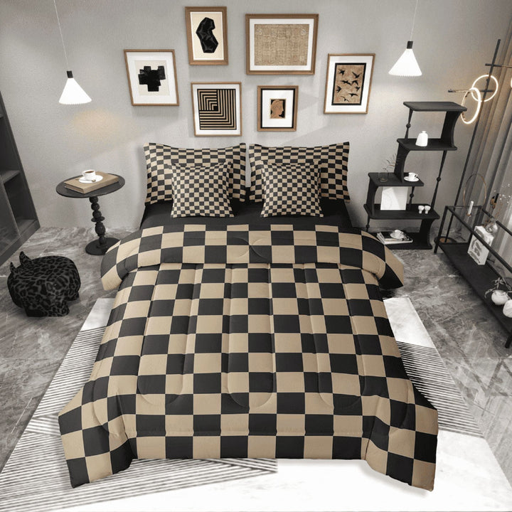 Erosebridal Buffalo Square Bedding Sets Twin Size,Black Brown Comforter Sets with Sheets,Geometric Decoration,Reversible,Breathable,7-Piece