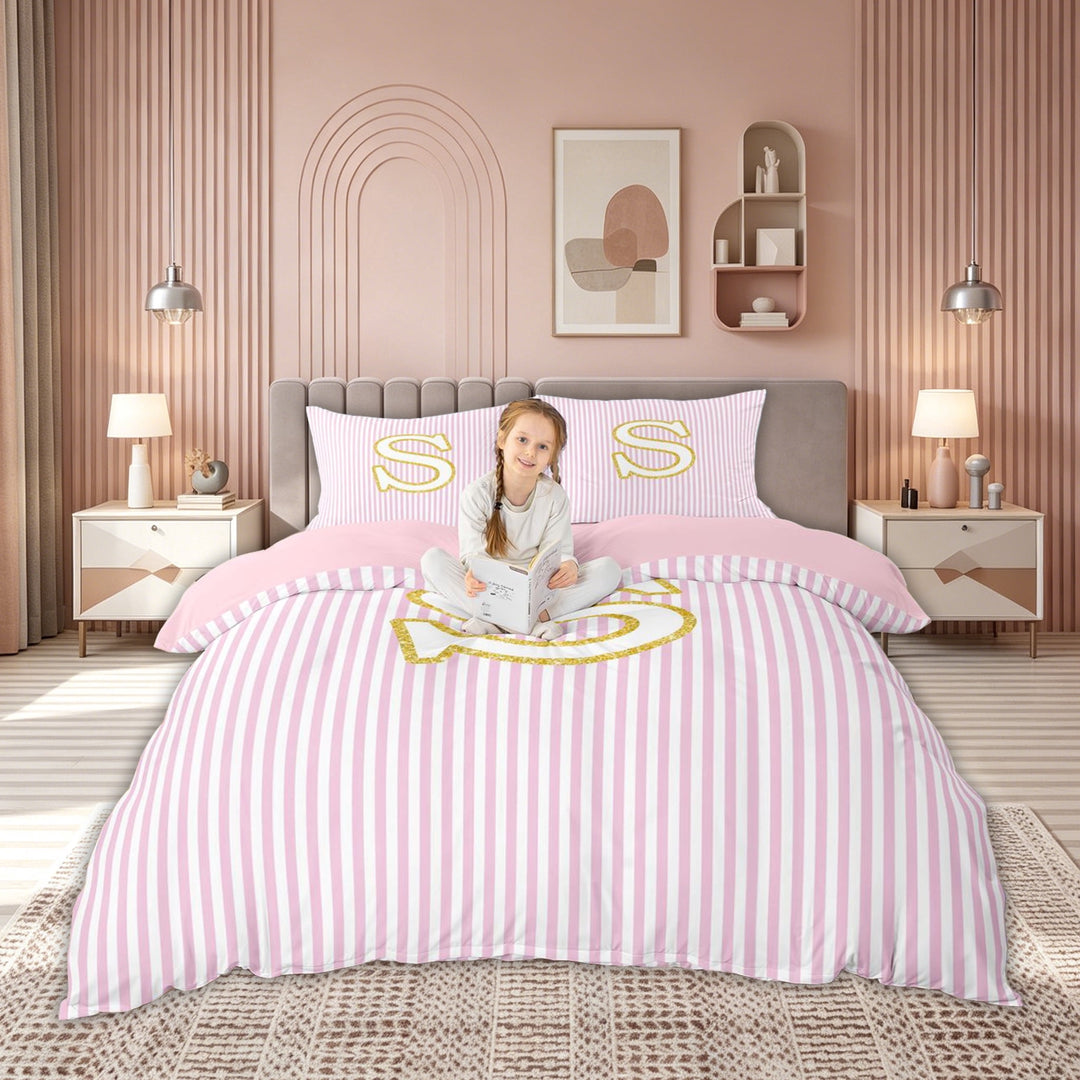 meiyoeat Gold S Monogram Bedding for Kids Girls Women, Pink Stripes Duvet Cover Full for Bedroom, Pink Reversible, 3pcs