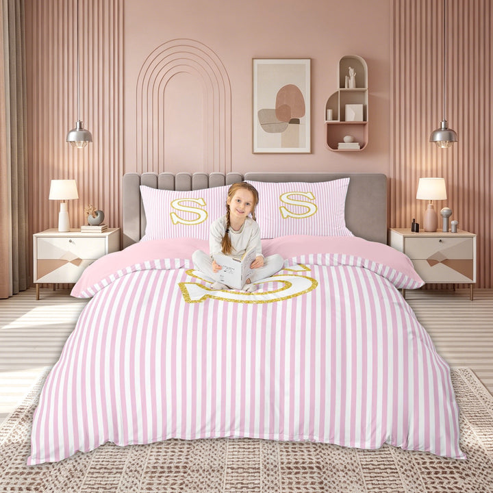 meiyoeat Gold S Monogram Bedding for Kids Girls Women, Pink Stripes Duvet Cover Full for Bedroom, Pink Reversible, 3pcs