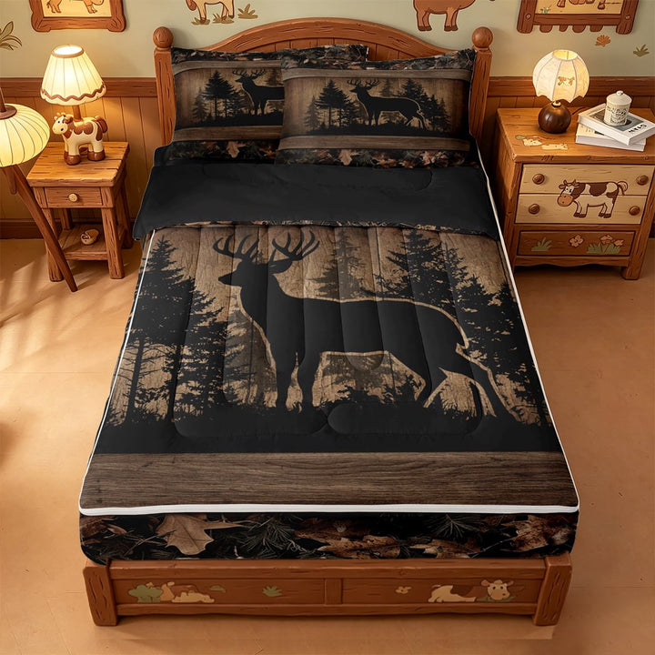 meiyoeat Jungle Animal Deer Zipper Full Size Comforter Sets with Fitted Sheet and 2 Pillowcases For Adults,Rustic Plant Pine Tree Zipper Bedding Set For Men,Black Reversible,4 Pieces