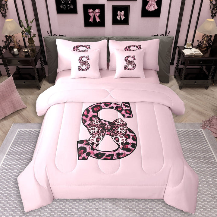 Erosebridal Black Pink Leopard Print Bow Knot Girl Twin Bedding Sets 7-Piece,Personalized Initial S Bedding Comforter Set For Teens,Pink Reversible