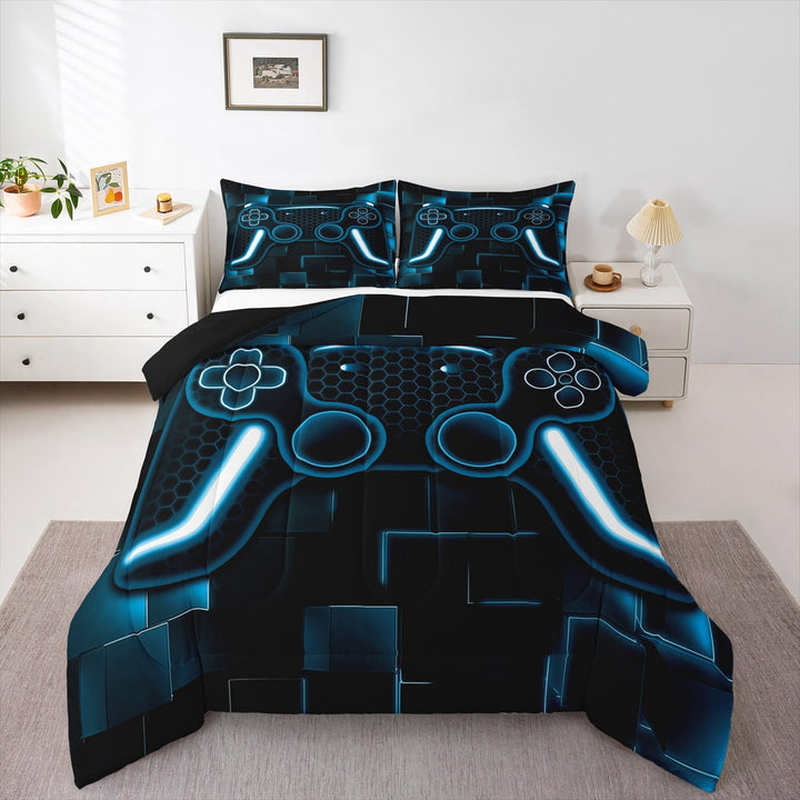 Twin Bedding Sets Gaming Comforter Set Game Gamer Comforter Set Teens,Navy Blue Gamepad Down Comforter Room Decor,Modern Grid Bed Set With 1 Pillowcase,Black