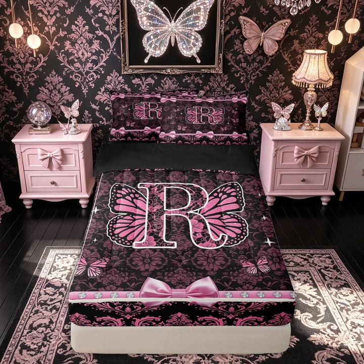 meiyoeat Boho Damask Bow Butterfly Zipper Twin Comforter Sets with Fitted Sheet and 2 Pillowcases for Women Girls, Initial R Letter Zipper Bedding Set, Black Pink, Black Reversible, 4pcs