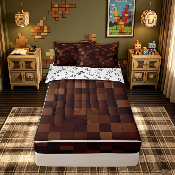 meiyoeat Brown Grid Zipper Full Size Comforter Sets with Fitted Sheet and 2 Pillowcases for Kids Girls, Gaming Pixel Zipper Bedding Set for Bedroom, Gamepad ReversibleB
