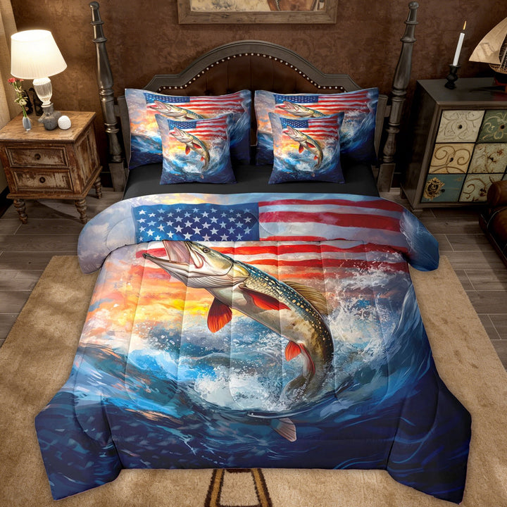 Erosebridal Rustic Pike Fish Twin Bedding Sets for Kid, Retro US Flag Bedding Comforter Set, 7pcs