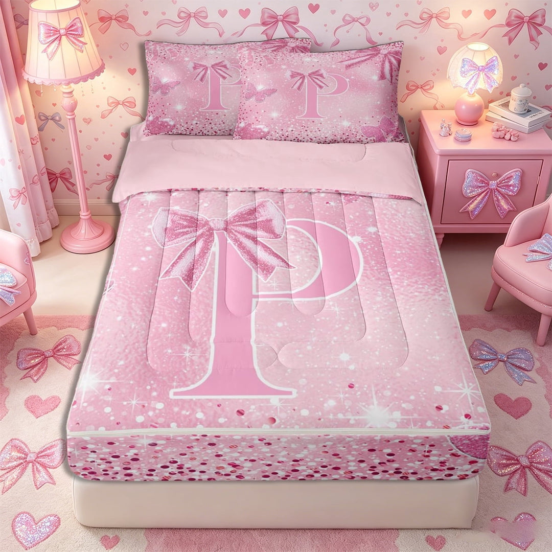 Meiyoeat Pink Glitter Initial P Zipper Twin Comforter Sets with Fitted Sheet and 2 Pillowcases, Flying Butterfly Zipper Bedding Set,4-Piece,Pink Reversible