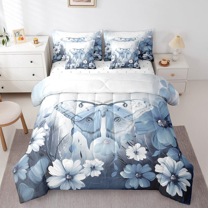 Moth Bed in a Bag Twin 7 Piece Comforter Set Daisy Flowers Bedding Sets,Grey Blue Ombre Oil Painting Sheet Set with Comforter Graffiti Art Gothic Animals Butterfly Bohemian Decor