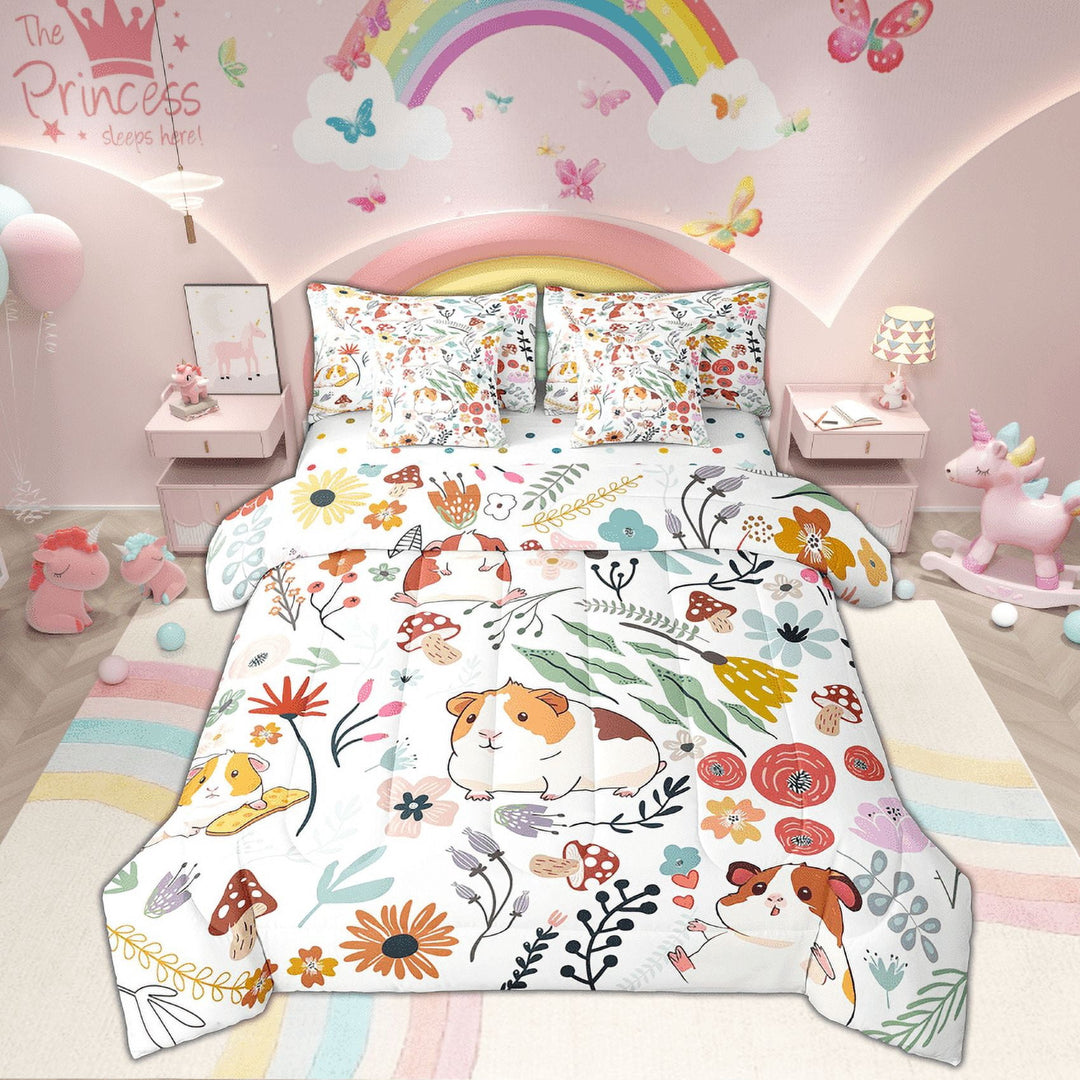Cute Cavy Comforter Set 7 Piece Bed in a Bag Twin,Mushroom Floral Cartoon Animal Bedding Sets Watercolor Flowers Leaves Sheet Set with Comforter