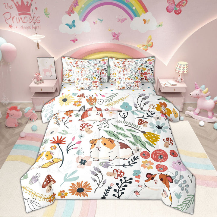 Cute Cavy Comforter Set 7 Piece Bed in a Bag Twin,Mushroom Floral Cartoon Animal Bedding Sets Watercolor Flowers Leaves Sheet Set with Comforter