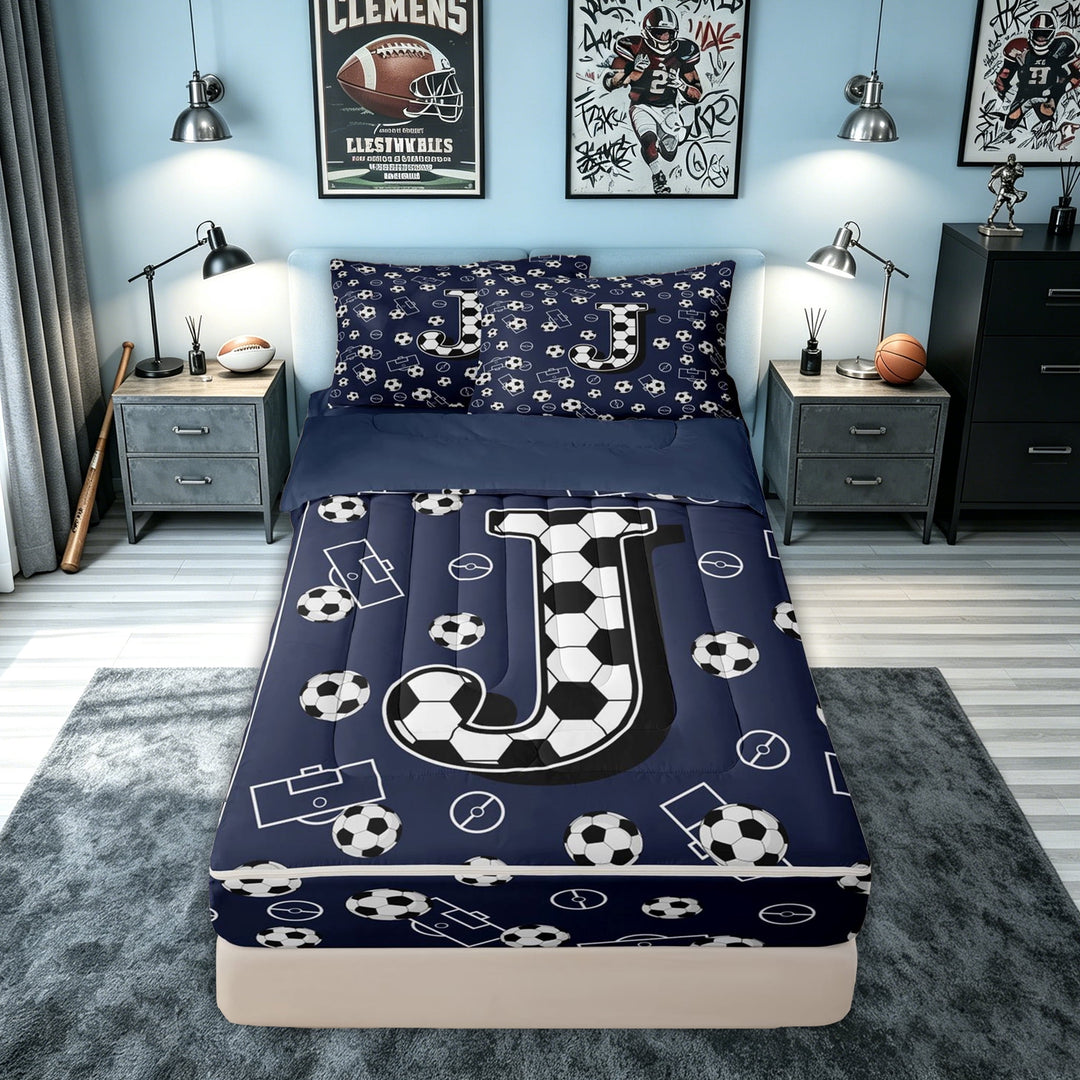 meiyoeat Soccer Letter J Zipper Comforter Set with Fitted Sheet and 2 Pillowcases for Kids, Sports Football Zipper Bedding Set for Kids, Navy Blue, Blue Reversible, 3 Pieces
