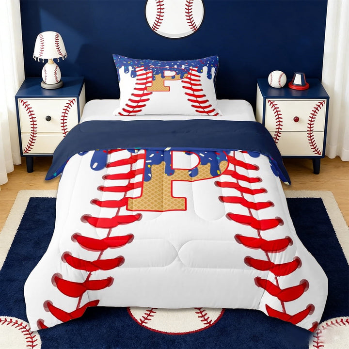 Erosebridal Boys Ball Games Twin Comforter Sets,Ice Cream Baseball P Alphabet Bedding Set For Kids Teens,Reversible navy blue,2pcs