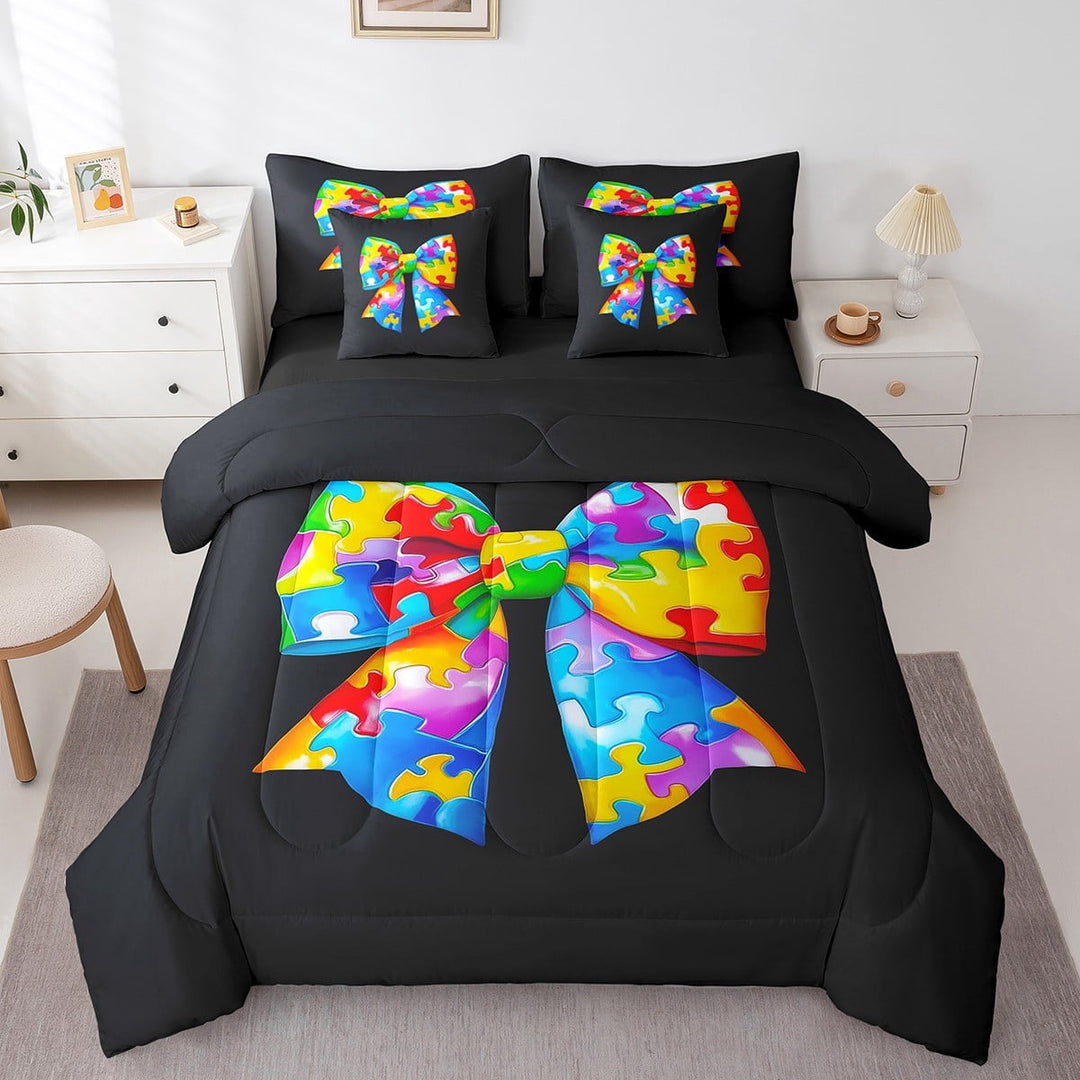7 Pieces Twin Size Puzzle Bowknot Comforter Set,Building Blocks Cartoon Bow Tie Bedding Set,Geometric Gaming Bricks (Comforter+Fitted+Flat Sheet+2 Pillowcases+2 Throw Pillow Covers)