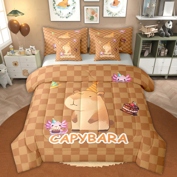 Erosebridal Cute Capybara Axolotl Kid Twin Bedding Sets, Brown Buffalo Bedding Comforter Set, Grey Reversible, 7-Piece