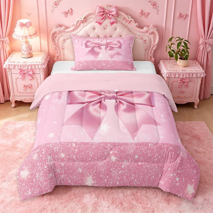 Erosebridal Pink Bow Twin Comforter Sets For Girls,Chic Glitter Print Kids Bedding Set,Pink Reversible,2pcs