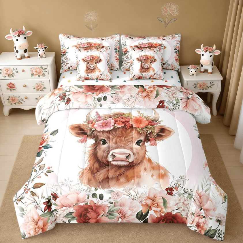 Manfei Cute Highland Cow 7 Pieces Bedding Comforter Set,Cartoon Animal Flower Floral Print Farm Theme Full Bedding Set For Teens Reversible