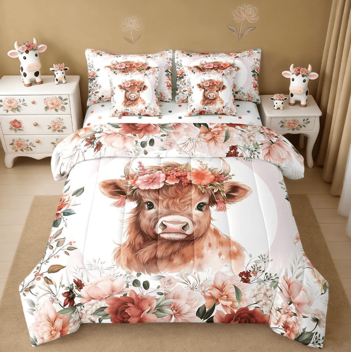 Manfei Cute Highland Cow 7 Pieces Bedding Comforter Set,Cartoon Animal Flower Floral Print Farm Theme Full Bedding Set For Teens Reversible