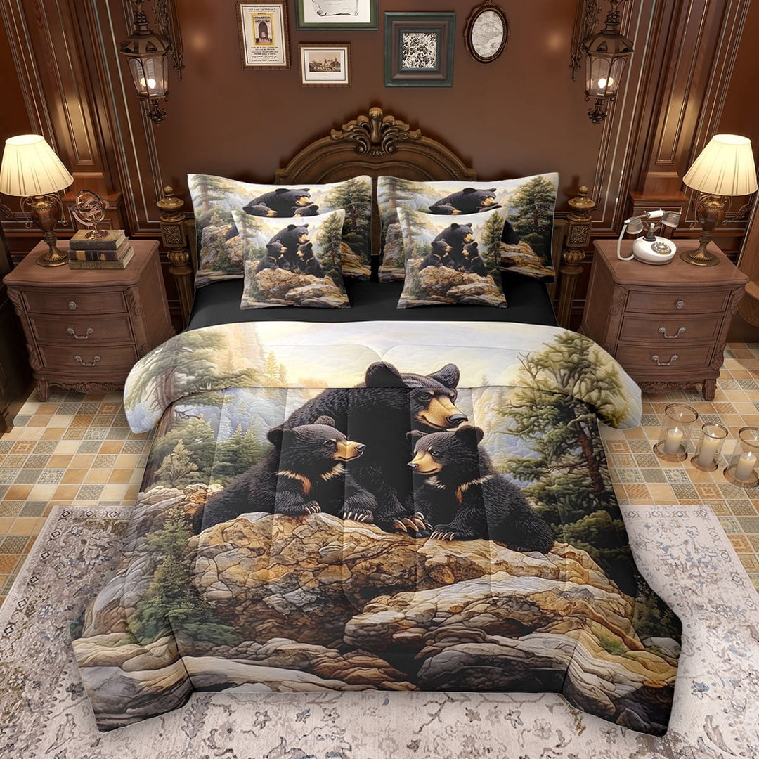 Erosebridal Wild Black Bear Bedding Comforter Set, Vintage Lodge Cabin Full Bedding Set, Black Reversible, 7pcs
