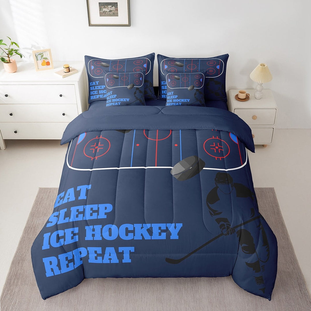 Erosebridal Eat Sleep Bed in a Bag Twin size, Ice Hockey Player Bed Set, Sports Lover Decor, Reversible 7 Pieces