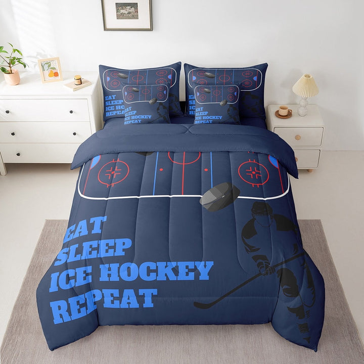 Erosebridal Eat Sleep Bed in a Bag Twin size, Ice Hockey Player Bed Set, Sports Lover Decor, Reversible 7 Pieces