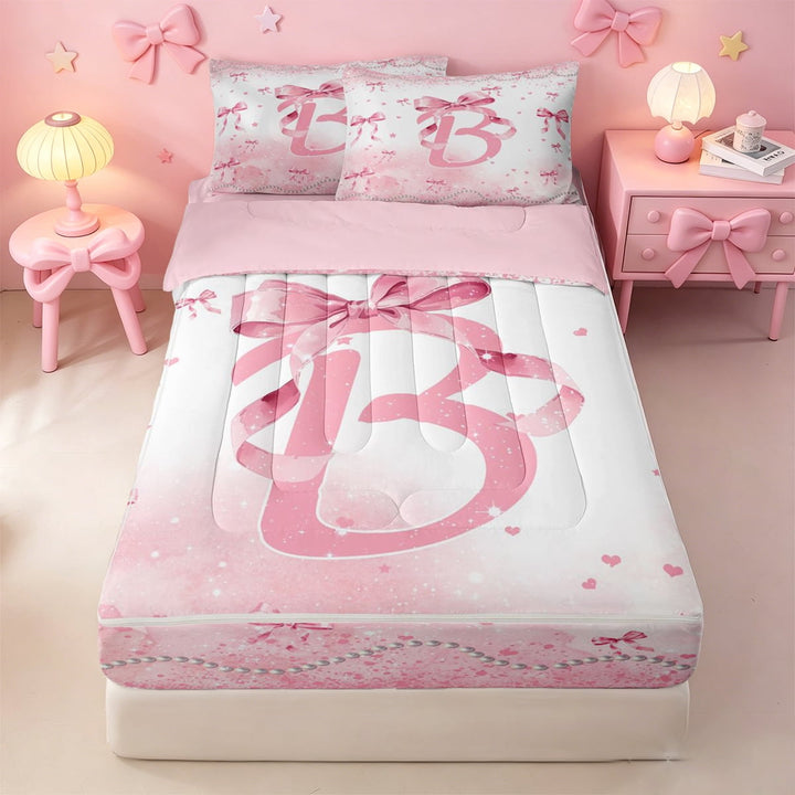 meiyoeat Ribbon Bow Initial B Zipper Full Size Comforter Sets with Fitted Sheet and 2 Pillowcases,Pink Glitter Print Monogram Art Zipper Bedding Set For Girl,Pink Reversible,4-Piece