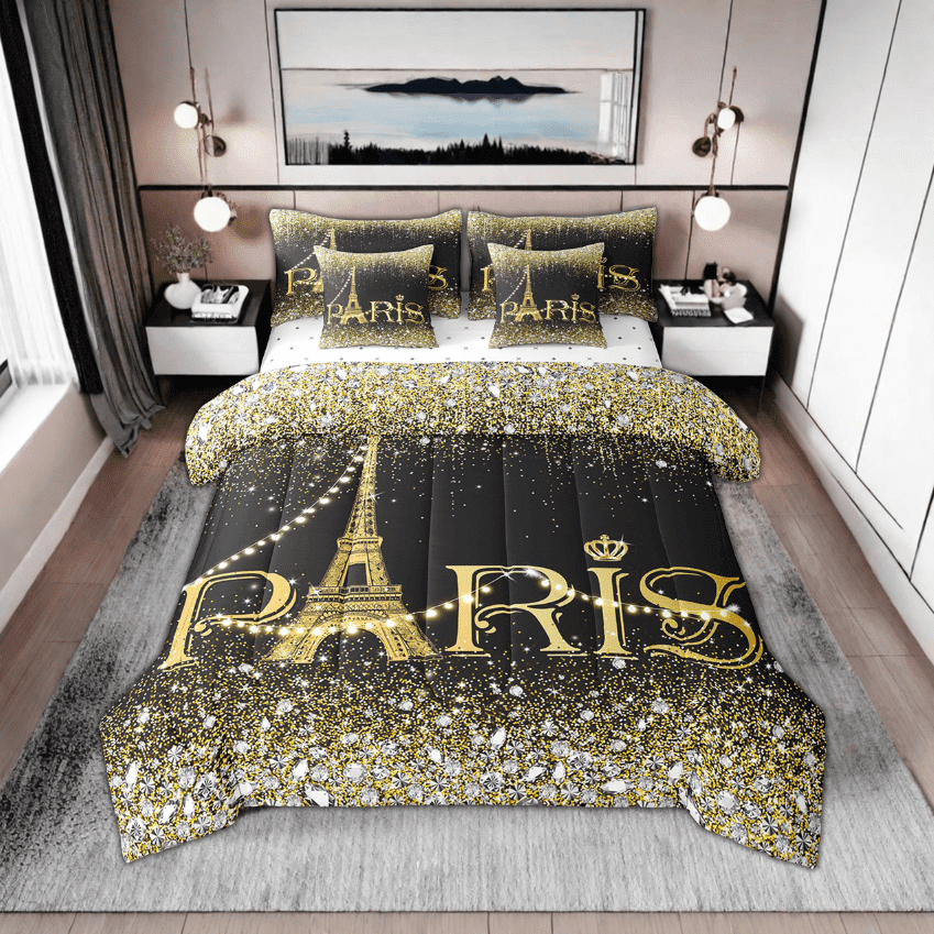 YST Eiffel Tower Comforter 7 Piece Full for Kids Boys Girls,Watercolor Black Golden Paris Bed in A Bag,(Not Real)Bling Bling Sparkles Diamond Reversible Bed Sets with Sheet Set