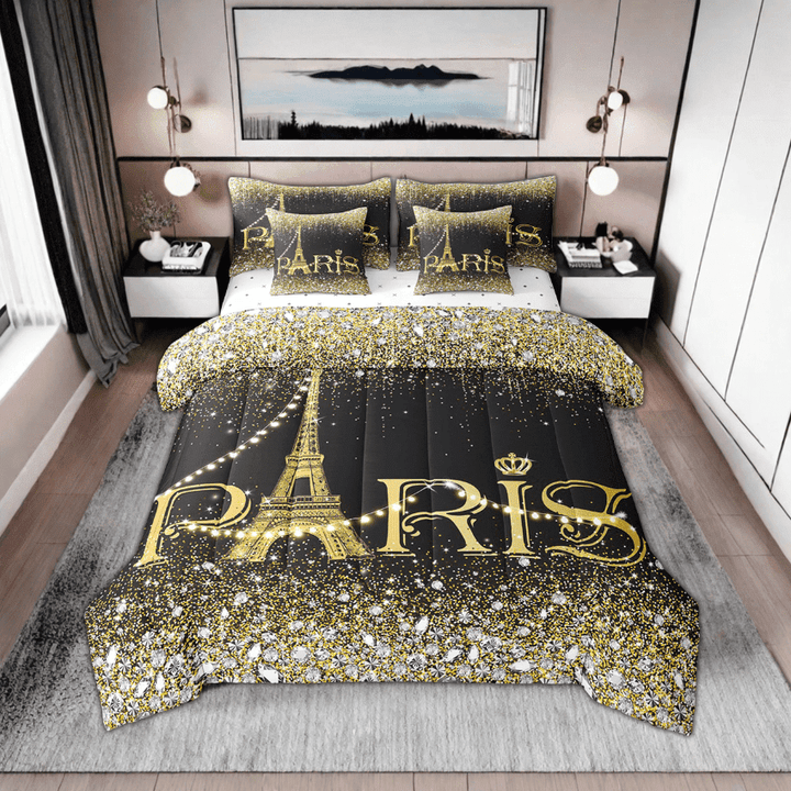 YST Eiffel Tower Comforter 7 Piece Full for Kids Boys Girls,Watercolor Black Golden Paris Bed in A Bag,(Not Real)Bling Bling Sparkles Diamond Reversible Bed Sets with Sheet Set