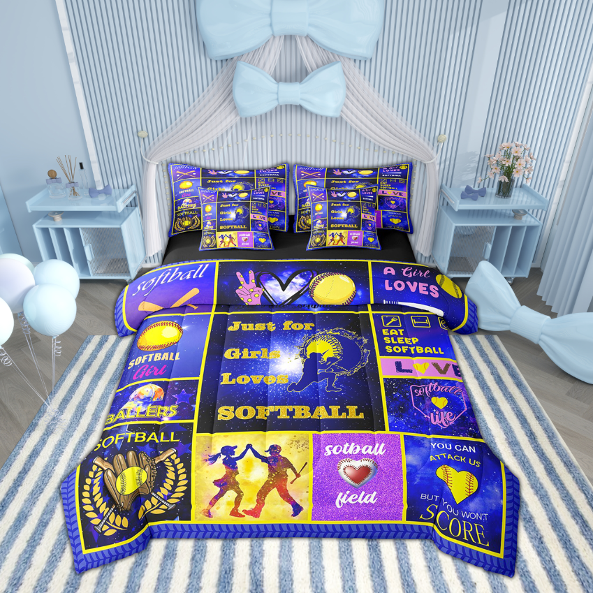 Erosebridal Teens Sports Bedding Twin Size, Softball Print Bed in a Bag Twin size, Reversible 7pcs