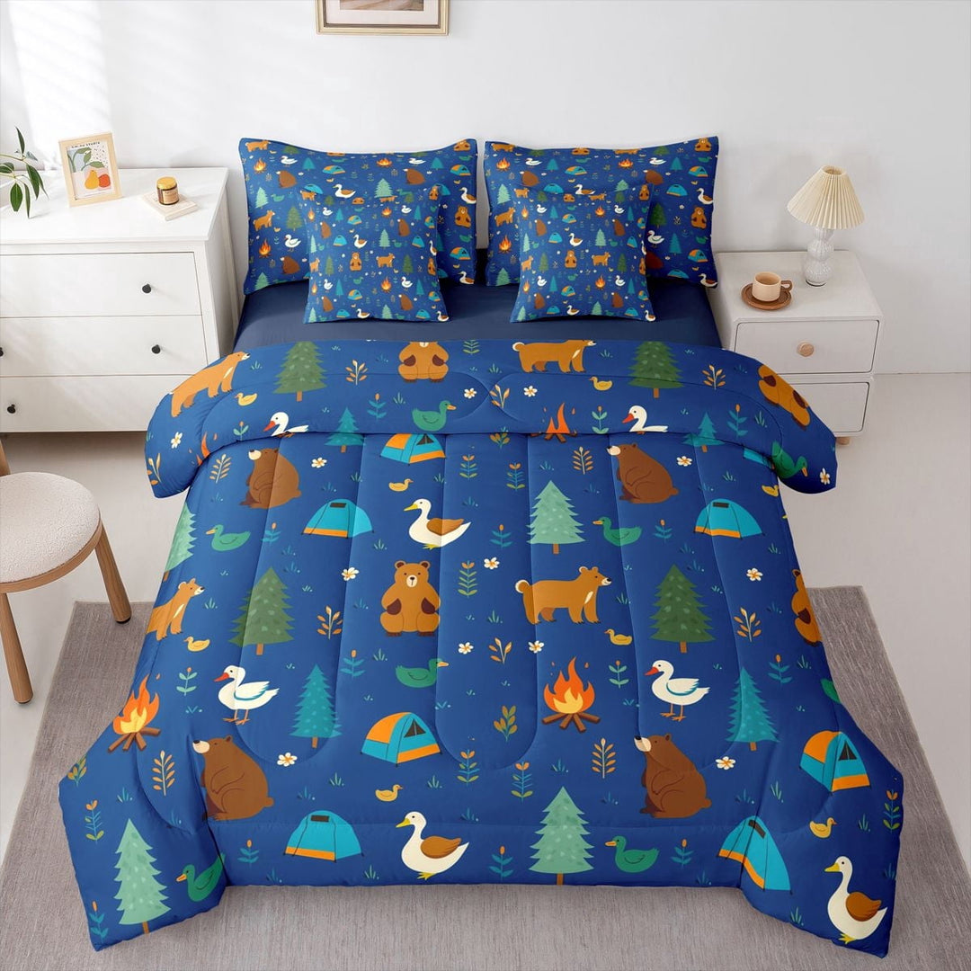 Manfei Woodland Camping Print 7 Pieces Full Size Bedding Sets,Cute Bear Full Size Bed in a Bag,Navy Blue,Navy Blue Reversible