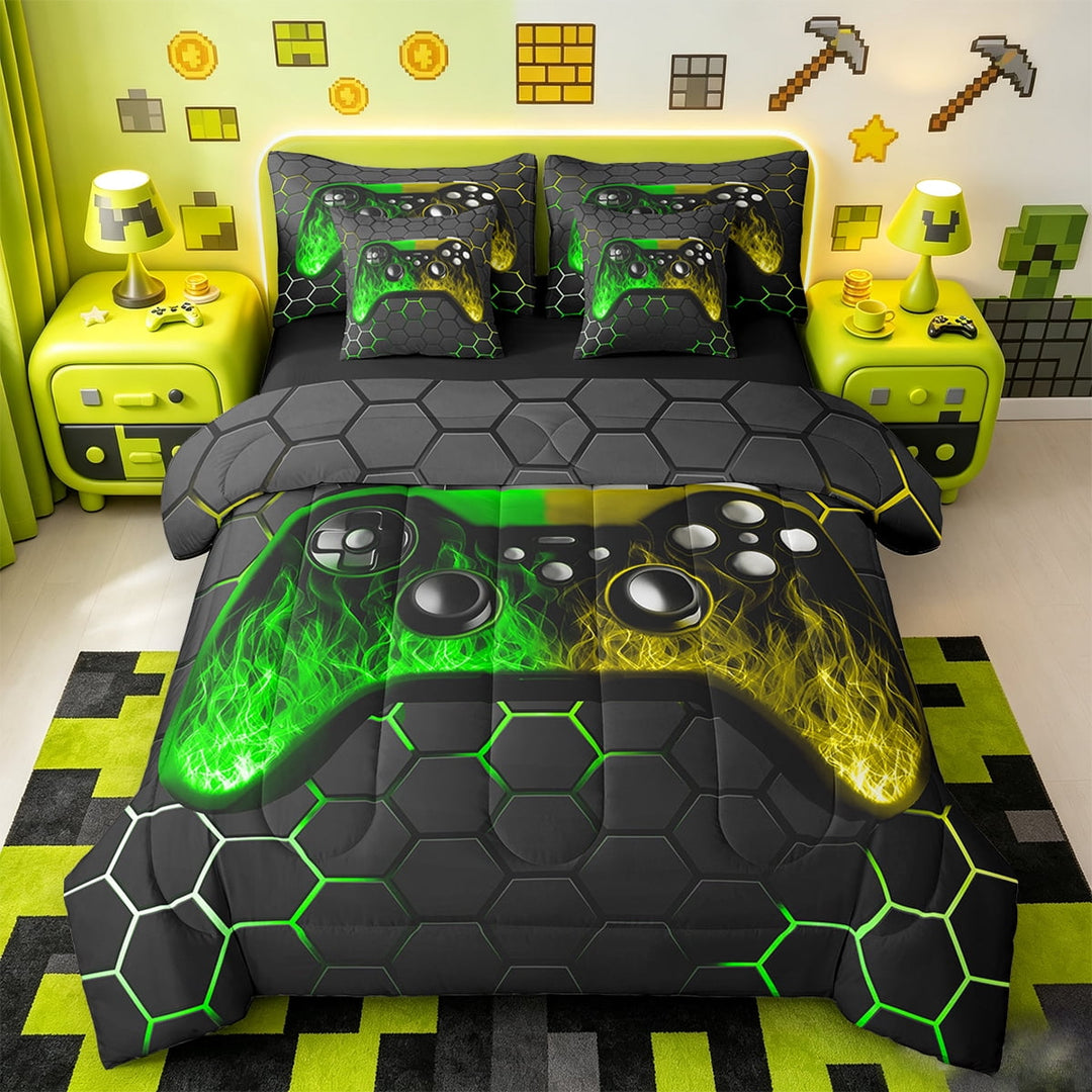 Manfei Gaming Bedding Sets Twin Size,Geometric Hexagon Comforter Sets with Sheets,Gradent Green Yellow Bed in a Bag Twin Size For Boy,Microfiber Room Decor Reversible,7-Piece