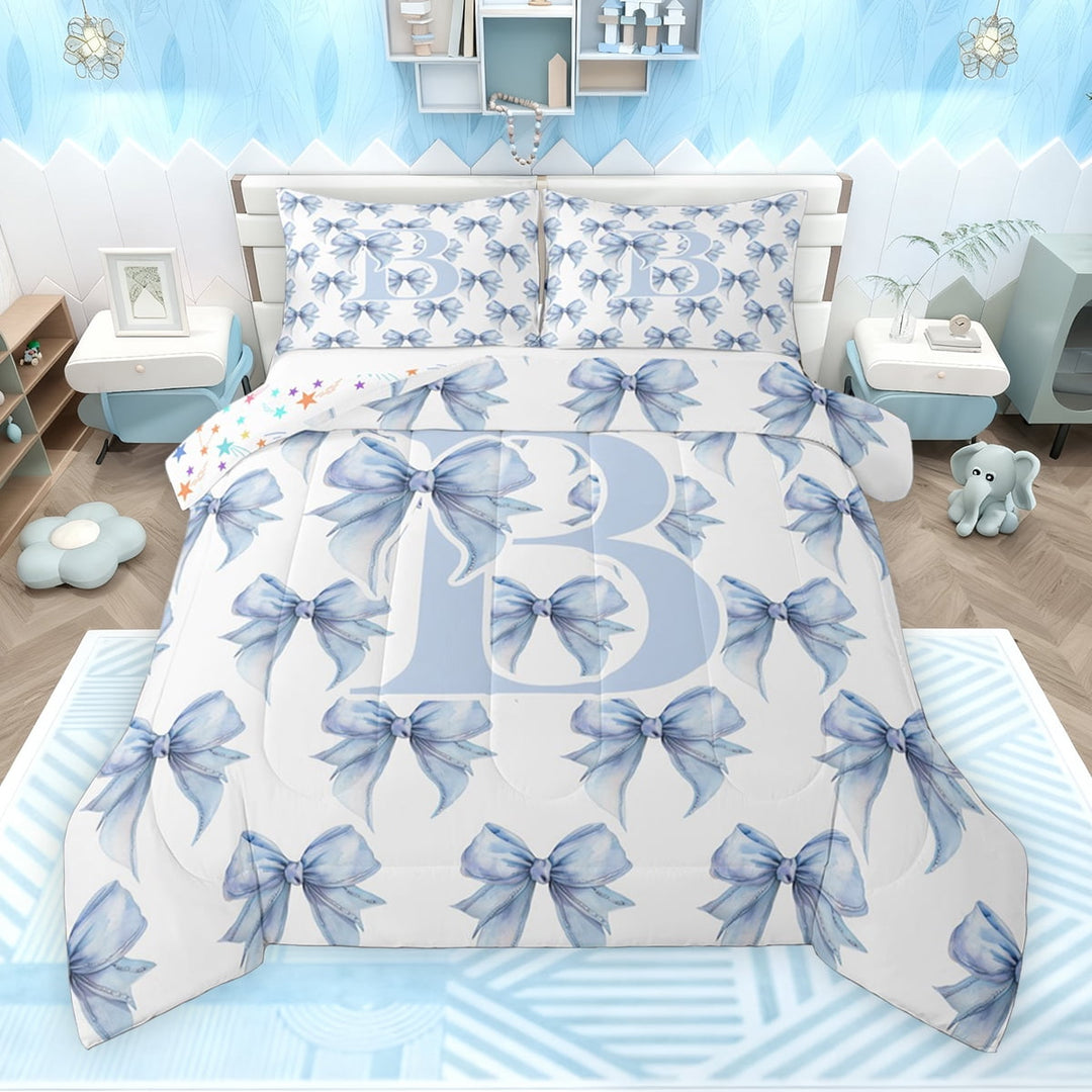Feelyou Blue Princess Bowknot Bedding Comforter Set for Kids, Initial B Letter Twin Comforter Sets, Watercolor Ribbon Reversible Bedding Set, Luxury Bedroom Decor, 2-Piece