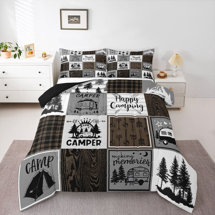 Erosebridal Happy Camping Full Comforter Set,Rv Camper Bedding Set Adults Men,Camper Accessories Comforter For Travel Trailers Bunk,Rustic Farmhouse Buffalo Plaid Quilt Brown Black Grey