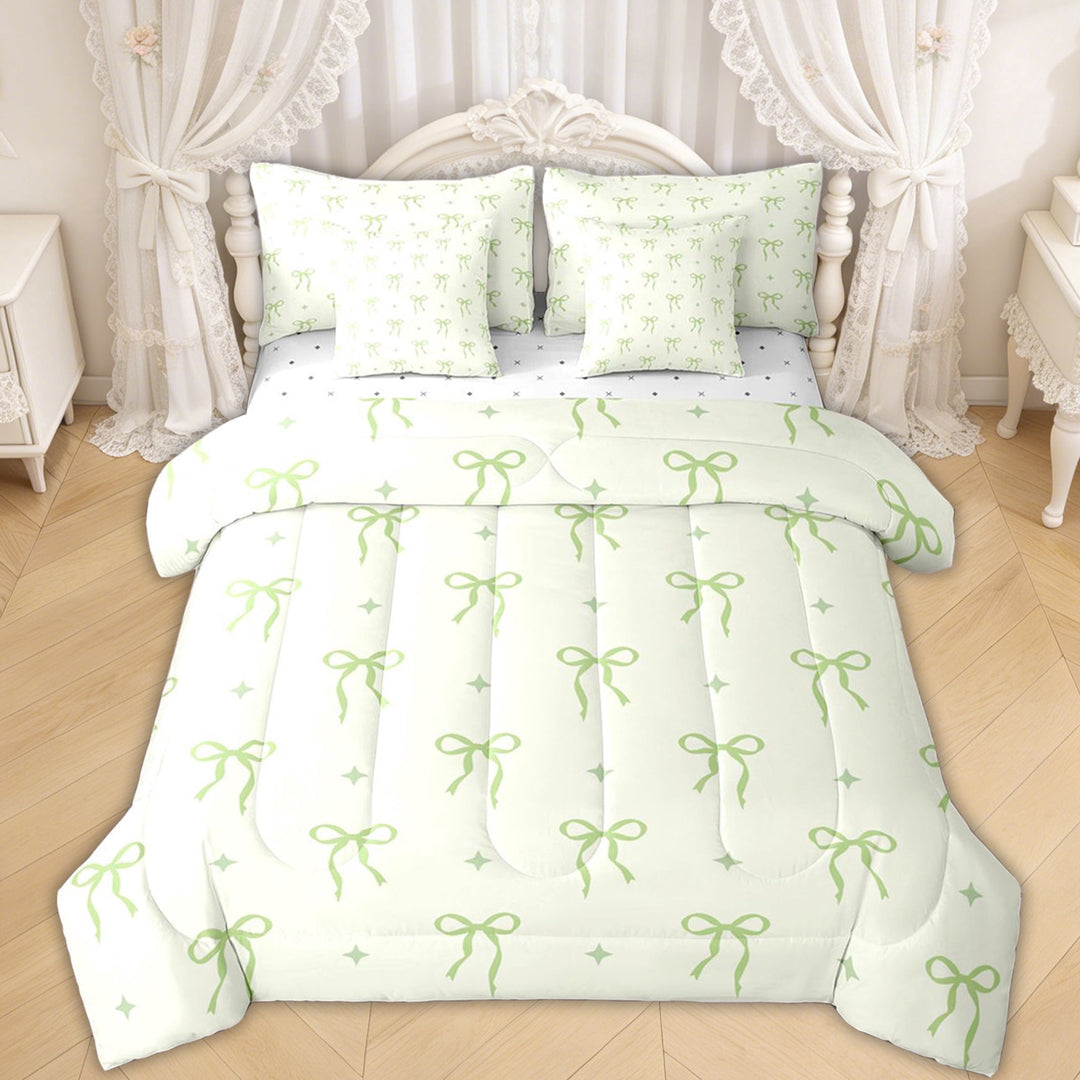 Erosebridal Green Bow Star Twin Bedding Sets for Girls, Kawaii Bow-tie Bedding Comforter Set for Kids Teens, Reversible, 7-Piece