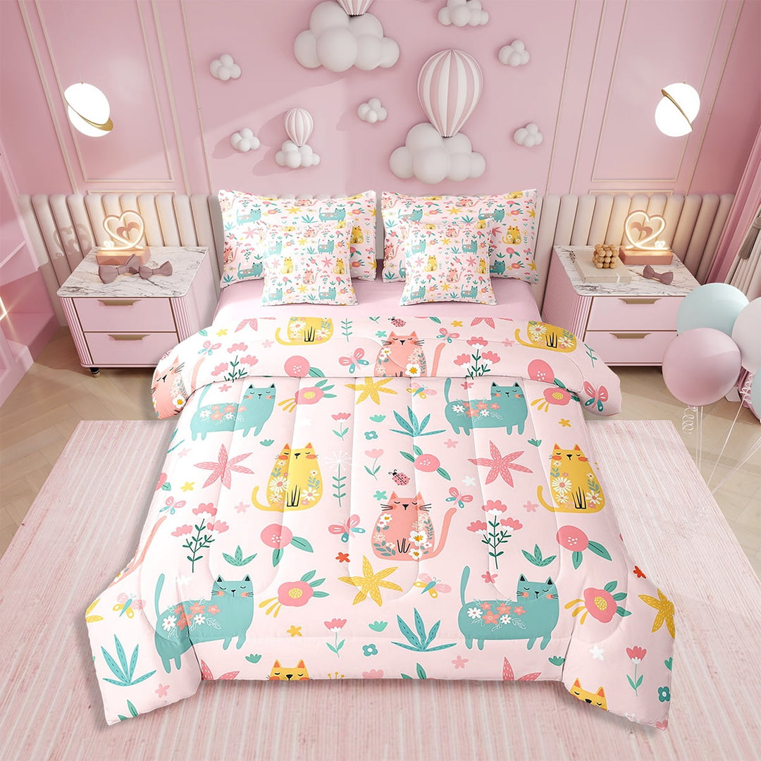 Erosebridal Cat Bedding Set Twin Size Cats Print Comforter Set With Sheets7 piece Cute Kitten Leaf Bed in a Bag for Botanical Leaf Green Pink Bed Set with Comforter,Sheets