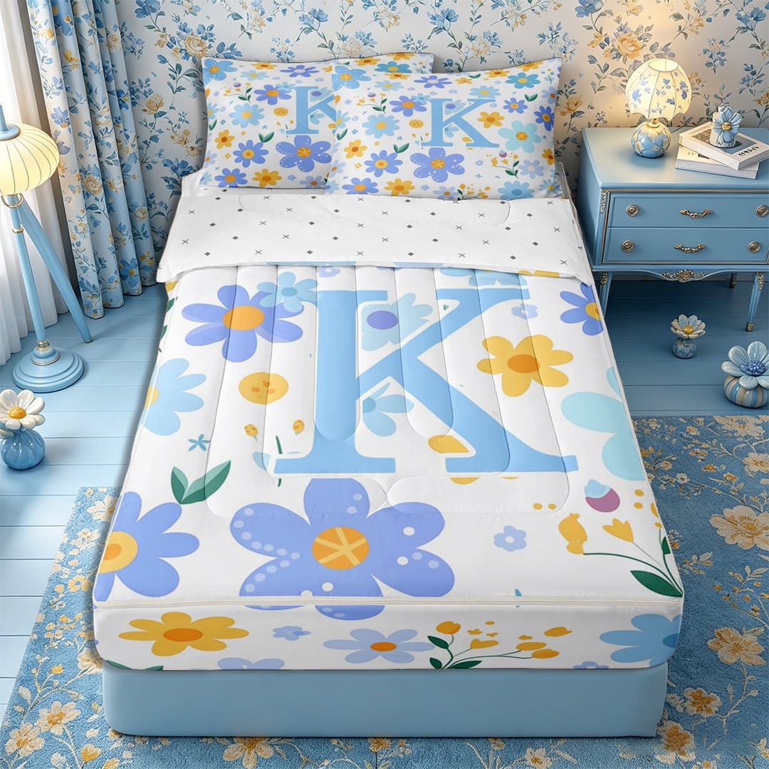 Meiyoeat Charming Wildflower Letter K Zipper Twin Comforter Sets with Fitted Sheet and 2 Pillowcases for Girls Preschoolers, Pretty Graphic Zipper Bedding Set for School,4-Piece