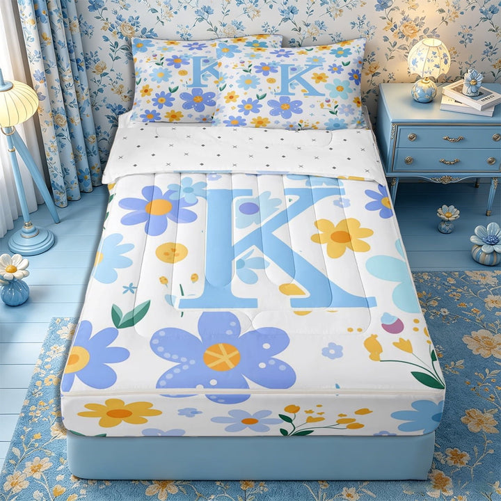 Meiyoeat Charming Wildflower Letter K Zipper Twin Comforter Sets with Fitted Sheet and 2 Pillowcases for Girls Preschoolers, Pretty Graphic Zipper Bedding Set for School,4-Piece