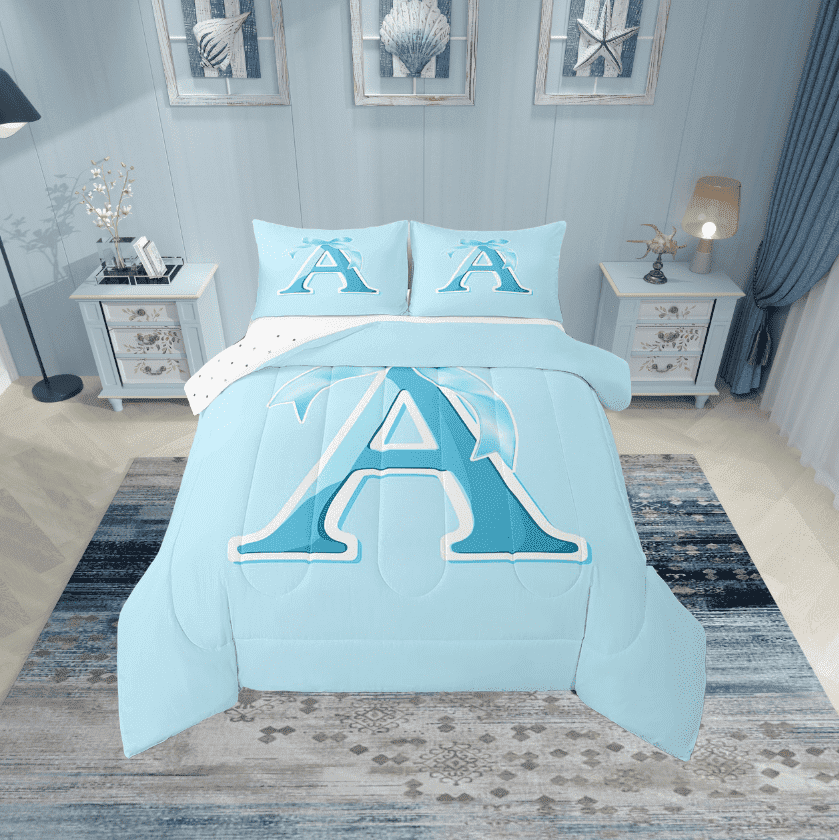 Erosebridal Monogrammed A Bedding Twin Comforter Set, Initial Letter Down Comforter, Blue Bow Reversible Comforters &amp; Duvets, Super Cozy Bedroom Decor, 2 Pieces