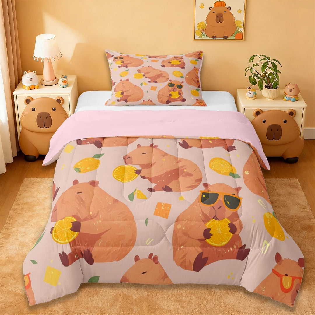 Erosebridal Brown Capybara Twin Comforter Sets For Kids,Cute Animals Bedding Set For Capybara Lovers ,Reversible Pink 2 Pieces