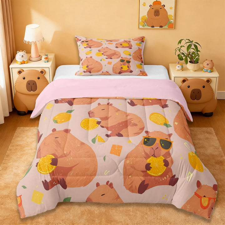 Erosebridal Brown Capybara Twin Comforter Sets For Kids,Cute Animals Bedding Set For Capybara Lovers ,Reversible Pink 2 Pieces