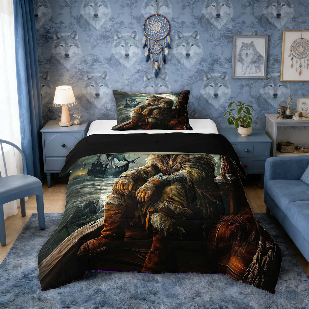 Erosebridal Wolf Warrior Pirate Ship Print Twin Comforter Sets, Fantasy Adventure Bedding Set for Men and Women, Black Reversible 2-Piece, 1 Comforter and 1 Pillowcase