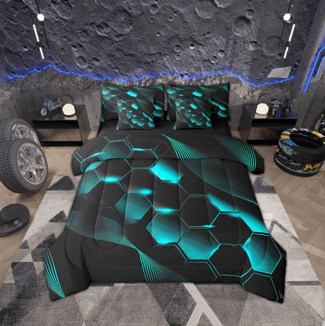 Honeycomb 7 Piece Comforter Set Queen,Neon Lights Mint Green Black Bed in a Bag with Flat Sheet and Fitted Sheet ,Geometric Striped Hexagonal Bedding Set with Pillowcase &amp; Sham