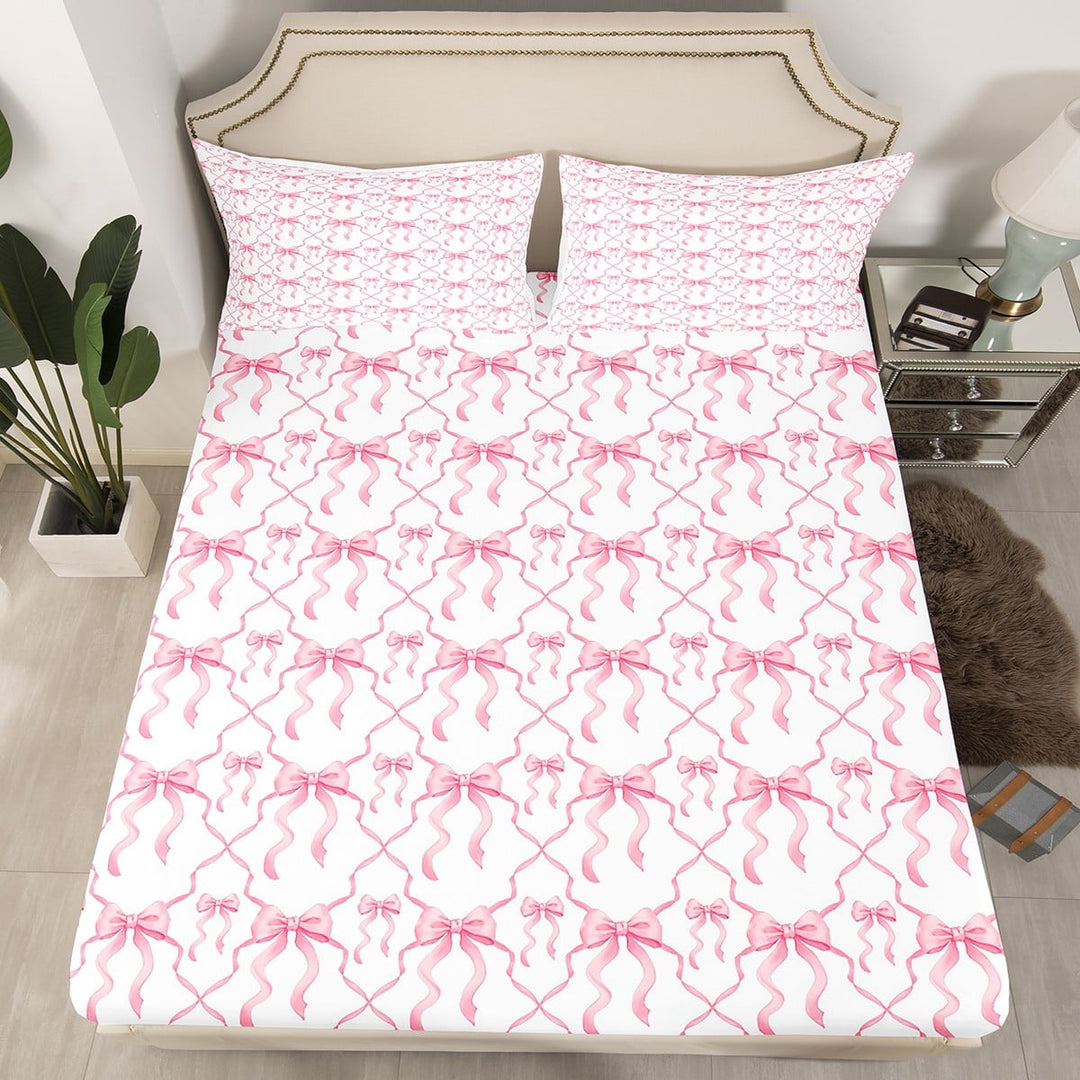 Pink Bow Fitted Sheet Teen Women,Cute Ribbon Bowknot Full Bedding Sets Kawaii Watercolor Bow Tie Bed Sheets,Pink White Princess Bow Bed Cover£¨No Top Sheet£©